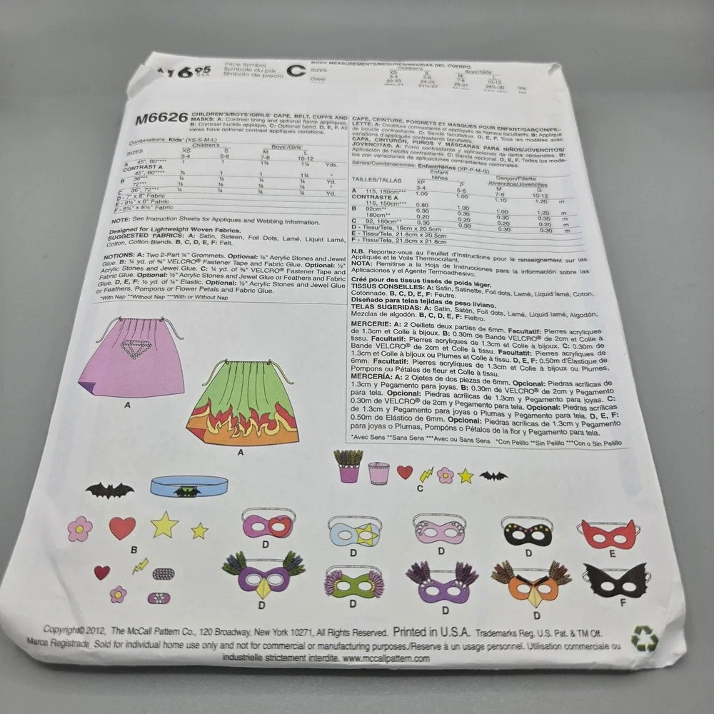 McCalls M6626 Kids Superhero Costume Sewing Pattern Cape Mask Belt XS-L 2012